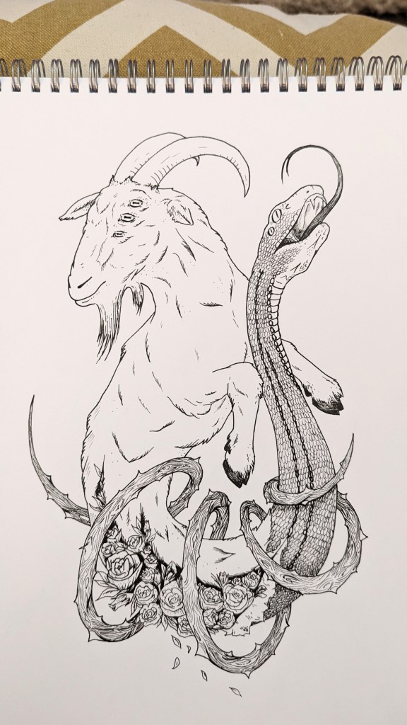 A finished, fully inked drawing of a 6 eyed goat that turns into a 4 eyed snake, circled by a thorny branch, and bursting with roses